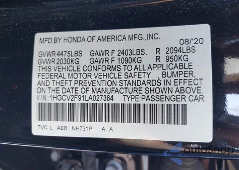 2020 Honda Accord Touring из США, поврежденный, VIN 1HGCV2F91LA027384